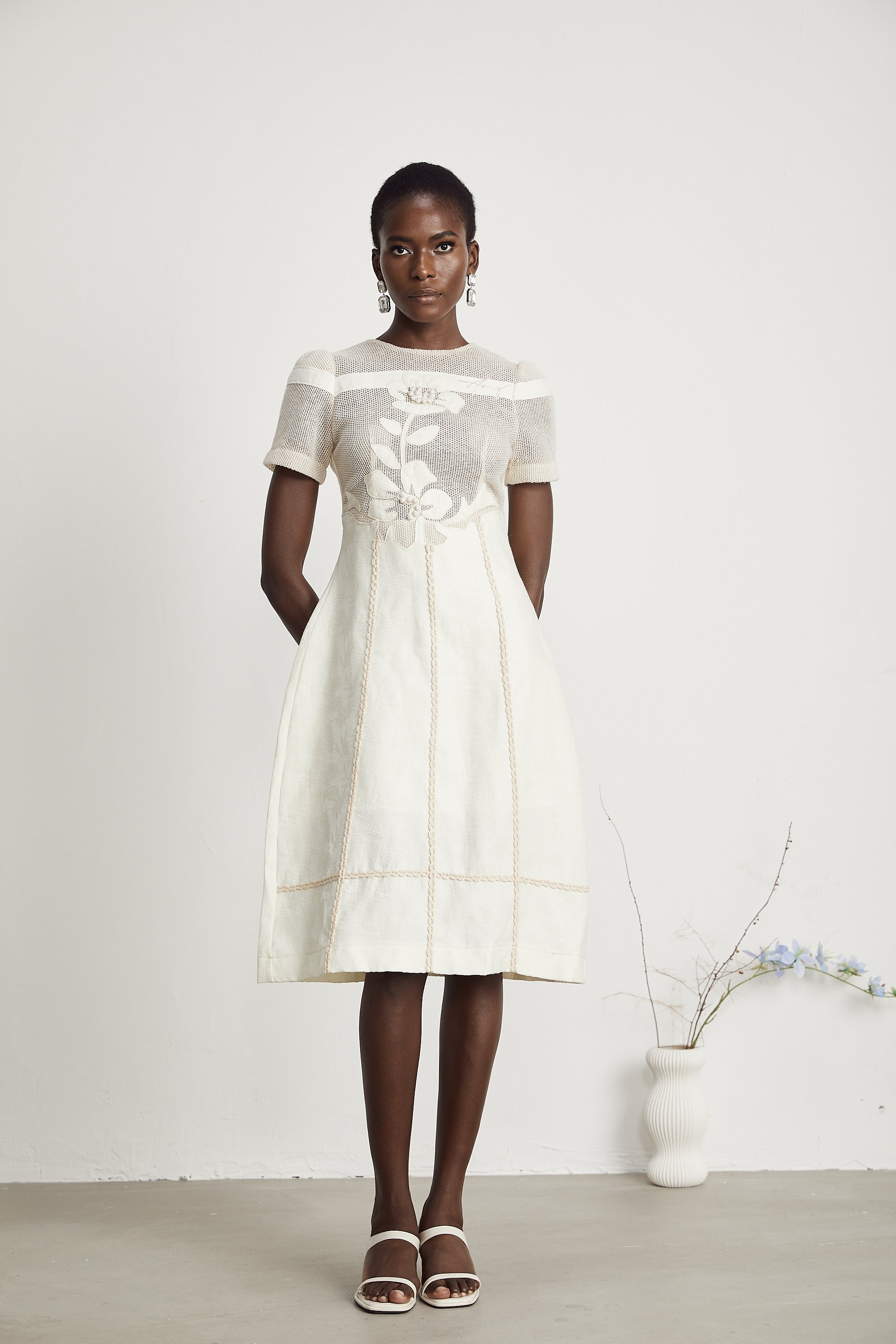 Éliane Embroidered Panel Midi Dress