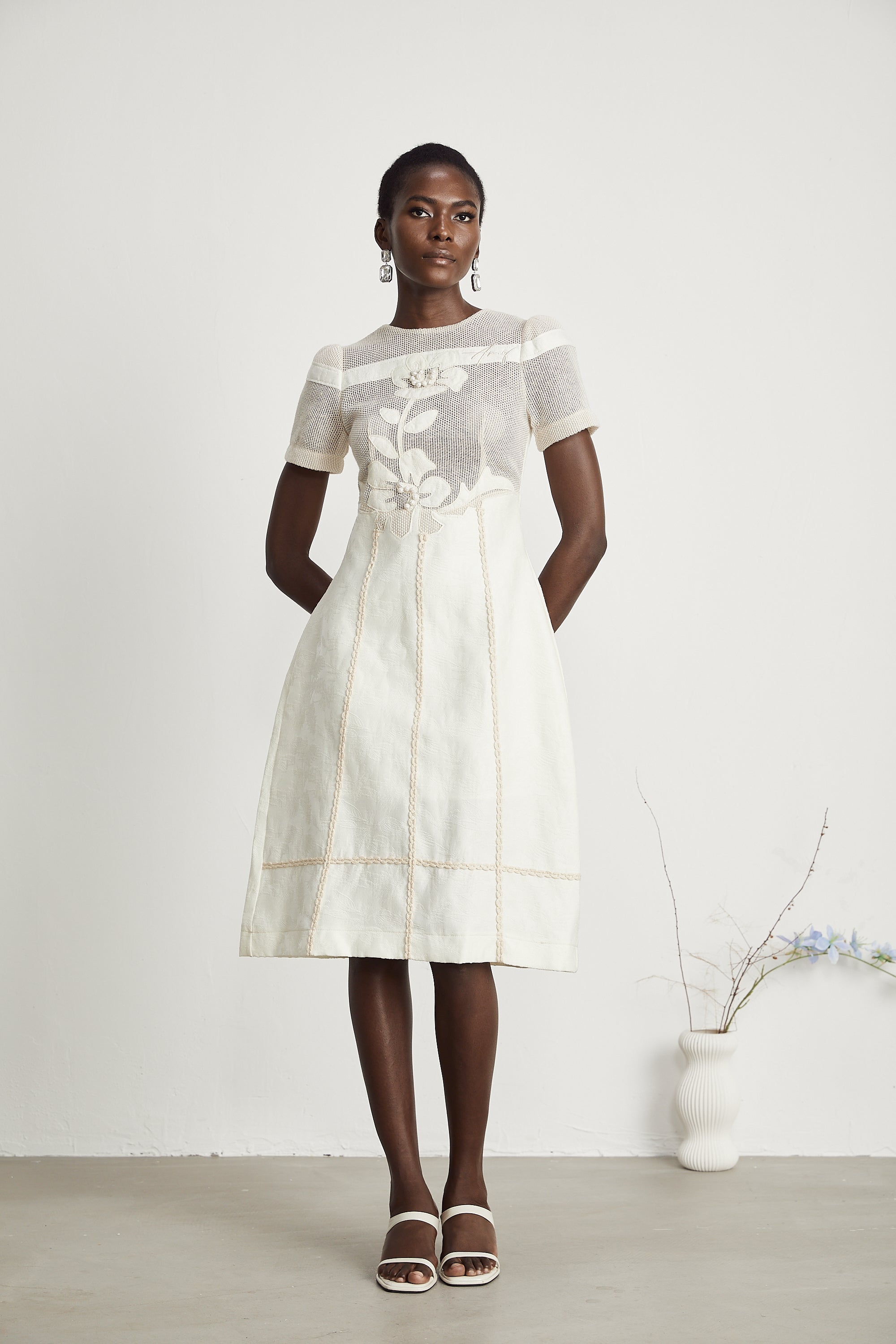 Éliane Embroidered Panel Midi Dress