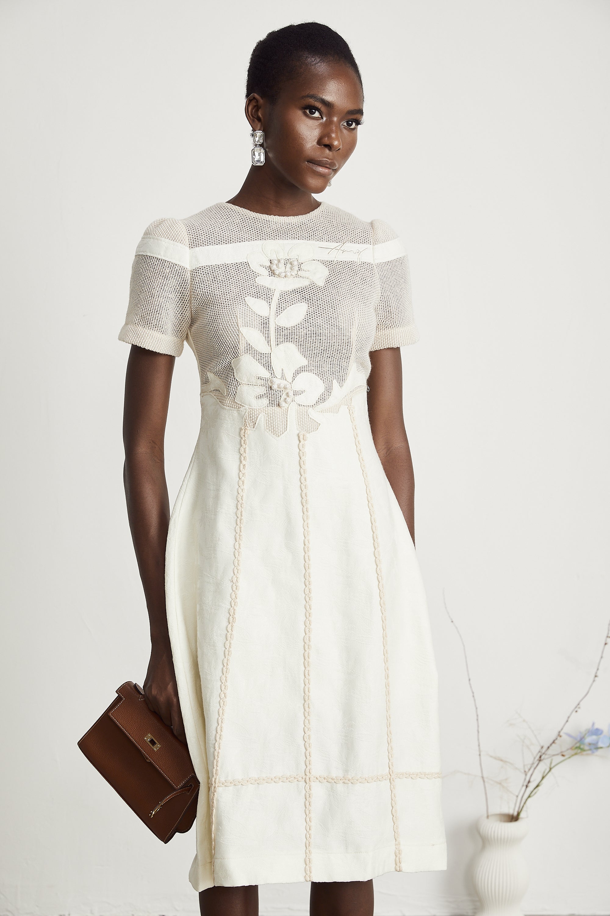 Éliane Embroidered Panel Midi Dress