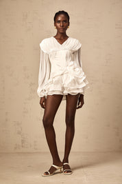 White Ruffled Mini Dress with Corset Detail