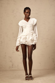 White Ruffled Mini Dress with Corset Detail