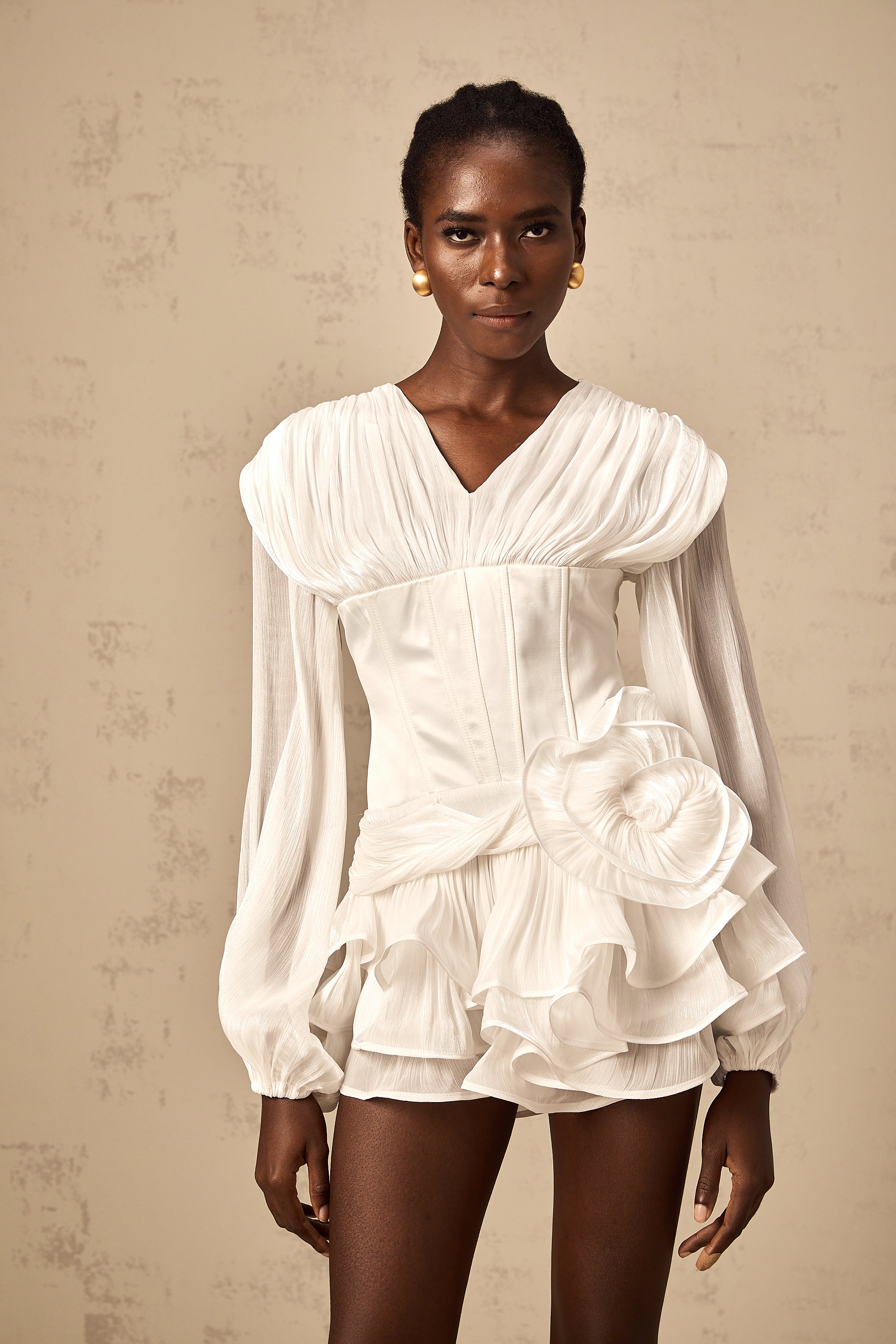 White Ruffled Mini Dress with Corset Detail