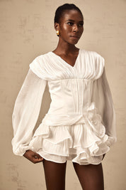 White Ruffled Mini Dress with Corset Detail