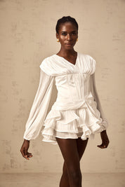 White Ruffled Mini Dress with Corset Detail