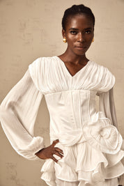 White Ruffled Mini Dress with Corset Detail