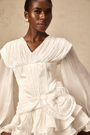 White Ruffled Mini Dress with Corset Detail