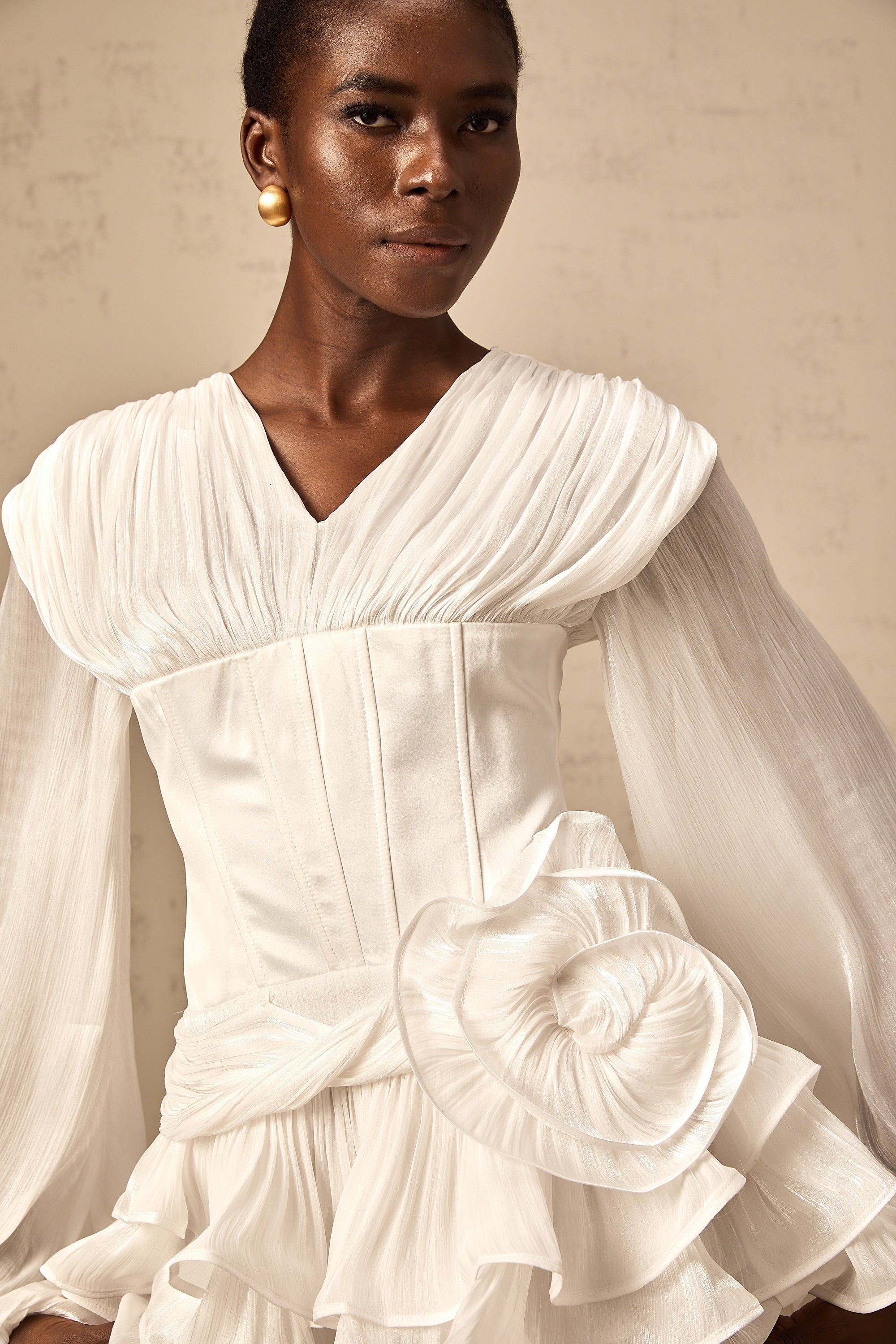 White Ruffled Mini Dress with Corset Detail