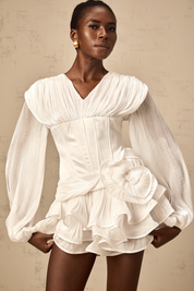 White Ruffled Mini Dress with Corset Detail
